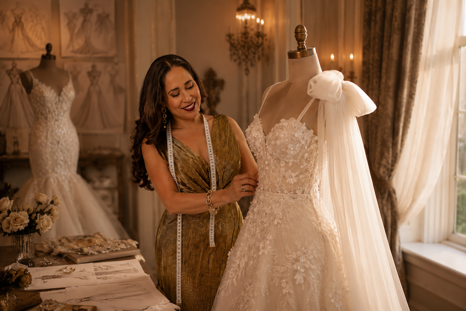 yali sewing a weddding dress